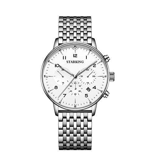 STARKING Watch for Men Men's Wrist Watch with Stainless Steel Quartz Watch for Men Waterproof Fashion Business Watch Auto Date White