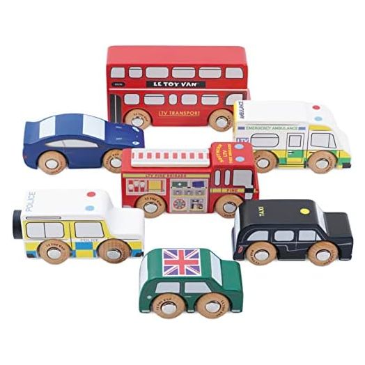 Le Toy Van London Car Set Premium Wooden Toys for Kids Ages 3 Years & Up (TV267), 7-pk