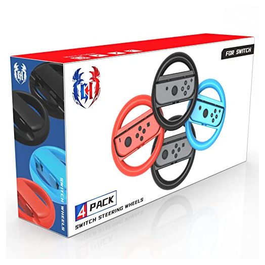 4 Pack Switch Steering Wheel Compatible with Mario Kart 8 Deluxe, GH Racing Wheel Accessories Compatible with Nintendo Switch/Switch OLED Joy Con Controller (Black x2, Red and Blue)