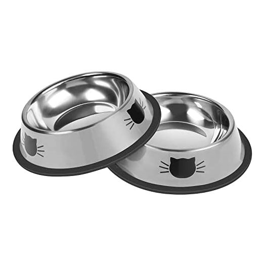 Serentive 2Pcs Cat Bowls Non-Slip Stainless Steel Small Cat Food Bowls Unbreakable Thicken Cat Feeder 7 Oz Cat Dishes Suitable for Indoor Small Pets Removable Rubber Base Easily Clean Lovely Color