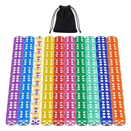 [100 Pieces] 6 Sided Dice Set 10 Colors 16mm Transparent Acrylic Dice with Free a Velvet Pouch