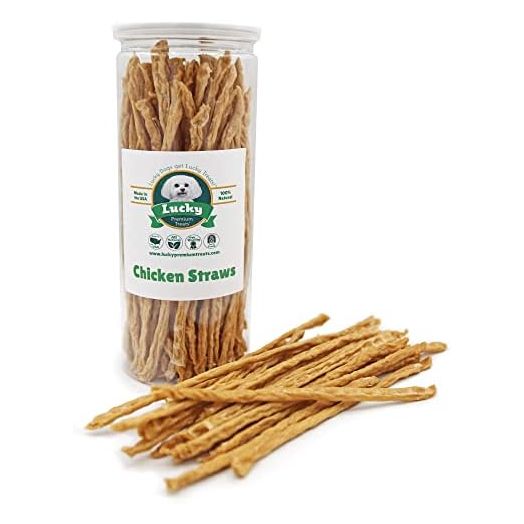 Lucky Premium Treats Chicken Straw Dog Treats – USA Made Single Ingredient Chicken Jerky for Dogs – All Natural Jerky Treat – 7 oz Jar