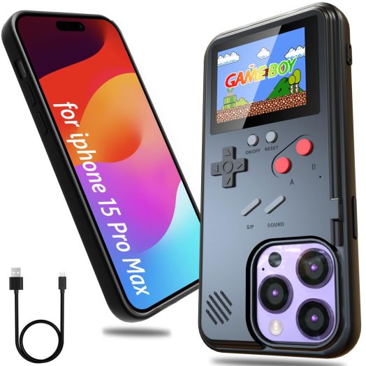 Gameboy Phone Case for iPhone 15 Pro Max,36 Retro Classic Video Games,Protective Cover Self-Powered, Christmas Birthday Gift(Black)