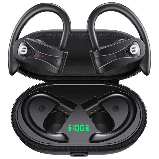 Bluetooth Headphones Noise Canceling 4 Mics Clear Call 120H Playtime Stereo Bass Sound Wireless Charging Case Over Ear Earphones LED Digital Display Headset with Earhooks for Sport