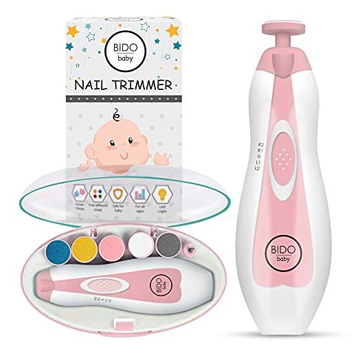 BIDO Baby Nail Trimmer File Electric-Safe Baby Nail Clippers,Manicure Kit for Newborn Toddler and Kids,12 Grinding Heads and LED Light, Pink or Blue (Pink)