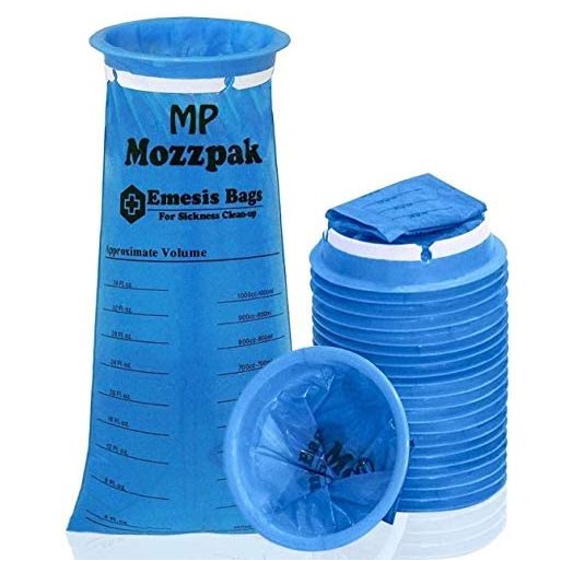 MP MOZZPAK Vomit Bags – 24 Pack – 1000ml Emesis Bags – Leak Resistant, Medical Grade, Portable, Disposable Barf Bags, Puke, Throw Up, Nausea Bags for Travel Motion Sickness, Car & Aircraft, Kids, Taxi