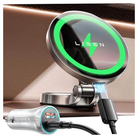 LISEN for Metal MagSafe Car Mount Charger, Adjustable 15W Ultra Magnetic Car Phone Holder Charger, Dashboard Foldable Qi Magsafe 3 Car Charger with a 38W Car Charger Fits iPhone 15 Pro Max 14 13 12