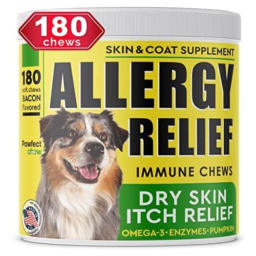 PAWFECTCHEW Allergy Relief Dog Chews w/Omega 3 - Itchy Skin Relief - Seasonal Allergies - Pumpkin + Enzymes - Anti-Itch & Hot Spots Aid - Made in USA Immune Supplement - 180 Ct