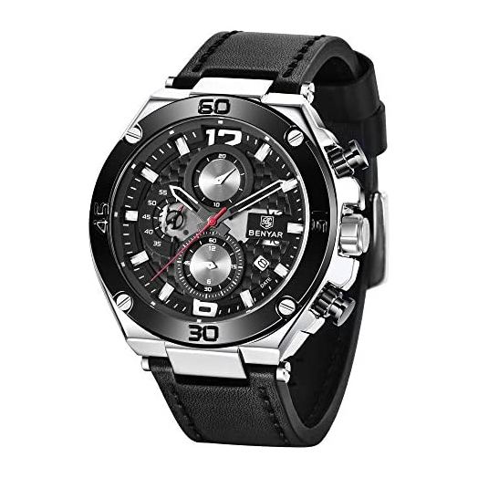 BENYAR - Wrist Watch for Men, Genuine Leather Strap Watches, Quartz Movement, Waterproof Analog Chronograph Business Watches