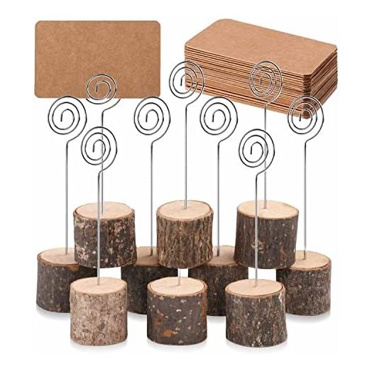 Toncoo 10Pcs Wood Place Card Holders with Swirl Wire and 20 Pcs Kraft Place Cards
