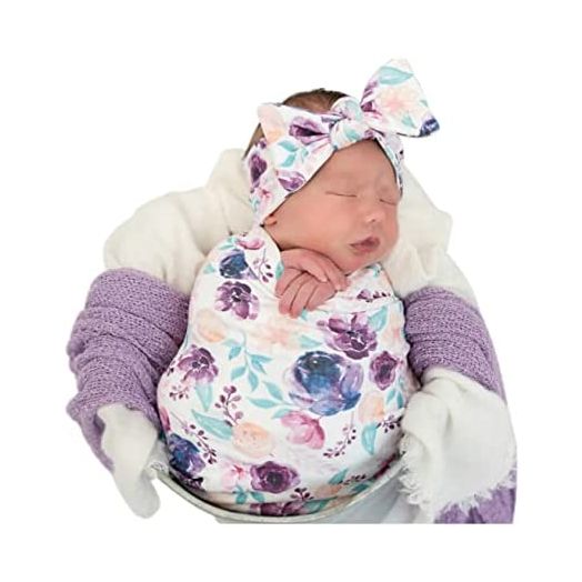 Newborn Floral Print Blanket Baby Stretch Wrap Swaddle Blanket Receiving Blanket with Matching Headband and Beanie