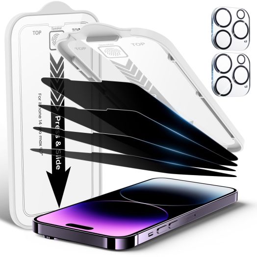 4 Pack Privacy Screen Protector for iPhone 14 Pro Max[6.7 inches] With 2 Pack Camera Lens Protector, [Drop Protection] 9H Hardness Scratch Resistant Tempered Glass Film, Easy to install