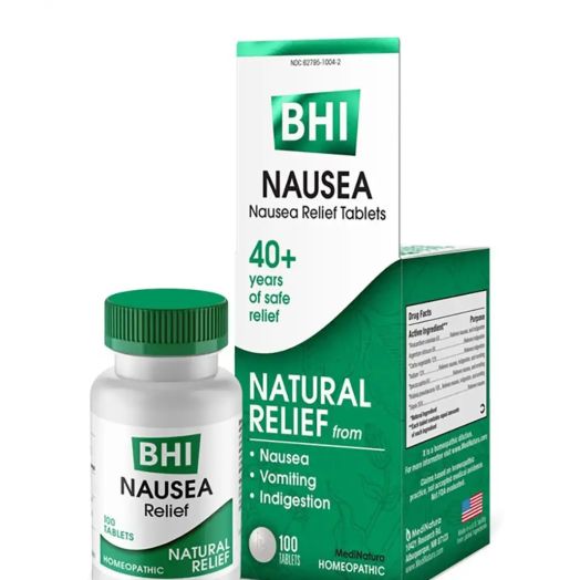 BHI Nausea Natural Relief 7 Multi-Symptom Homeopathic Active Ingredients Help Relieve Nausea, Vomiting, Bloating & Indigestion Non-Drowsy Remedy Soothes Discomfort for Women & Men - 100 Tablets