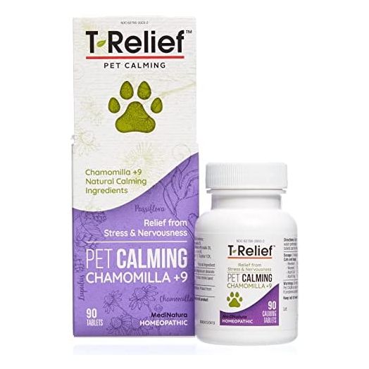 MediNatura T-Relief Pet Calming Natural Comfort Remedy & Nervousness Relief with Chamomile + 9 Homeopathic Stress Relieving Active Ingredients - Relaxing Herbal Blend for Dog & Cat - 90 Tablets