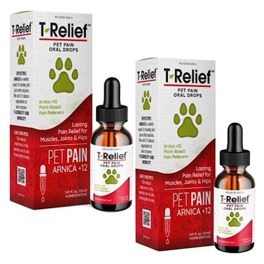 T-Relief Pet Pain Oral Drops Arnica +12 Powerful Natural Medicines for Muscle Joint & Hip Pain Soreness Stiffness Injuries in Dogs & Cats - Fast-Acting Soother - 1.69 oz (2 Pack)