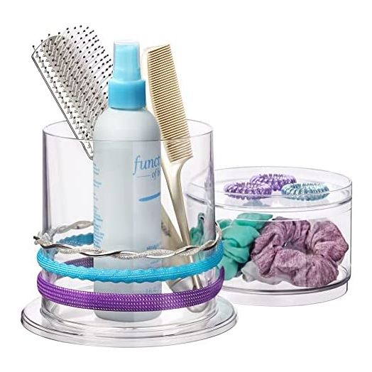 STORi Stackable Clear Plastic Hair Accessory Organizer Set | Round Headband and Hairbrush Holder Stacks on the Storage Containers with Tray Lid | Made in USA