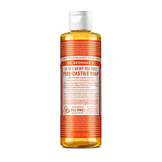 Dr. Bronner’s - Pure-Castile Liquid Soap (Tea Tree, 8 ounce) - Made with Organic Oils, 18-in-1 Uses: Acne-Prone Skin, Dandruff, Laundry, Pets and Dishes, Concentrated, Vegan, Non-GMO