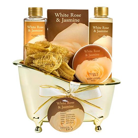 White Rose Jasmine Spa Set For Women Displayed in Elegant Gold Tub Includes Shower Gel, Bubble Bath, Body Lotion, Jasmine Bath Salt and Pouf, Award Winning Bath and Body Set