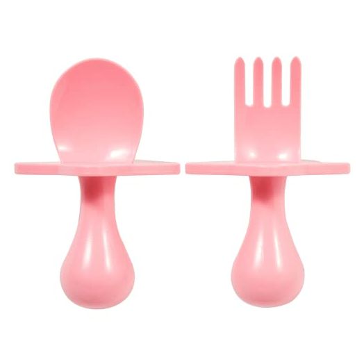 Nooli First Self-Feeding Utensils: USA-Made BPA-Free Spoon & Fork Set for Babies & Toddlers Ages 6+ Months, Anti Choke Shield Easy-Grip Handles for Baby-Led Weaning and Independent Eating (Pink)