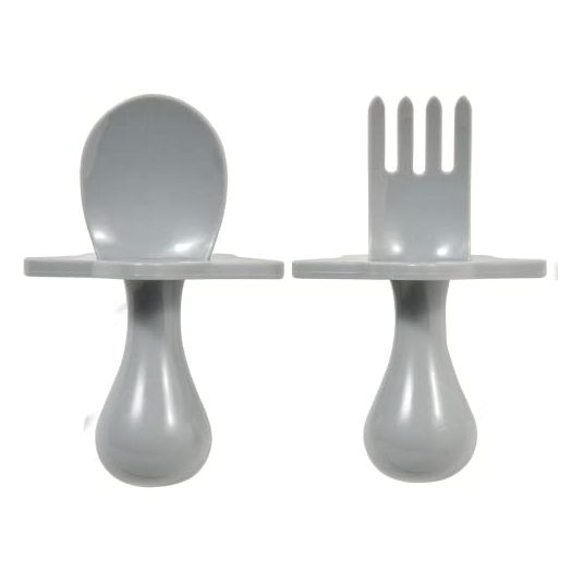Nooli First Self-Feeding Utensils USA, BPA-Free Spoon & Fork Set for Babies & Toddlers Ages 6+ Months, Anti-Choke Shield, Easy-Grip Handles for Baby-Led Weaning and Independent Eating (Gray)