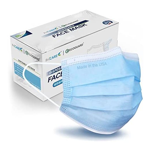 FriCARE ECOGUARD Adult Disposable Face Masks, 3 Ply (50 Pack)