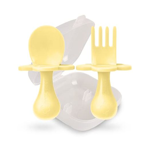 Grabease Baby and Toddler Self-Feeding Utensils – Spoon and Fork Set for Baby-Led Weaning – Made of Non-Toxic Plastic – Featuring Protective Barriers to Prevent Choking and Gagging