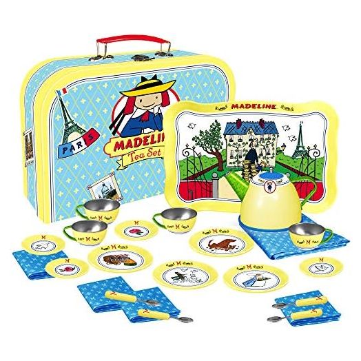 YOTTOY Madeline Collection | 23-Piece Kids Tin Tea Set Toy w/ Illustrations, Monograms, Carry Case