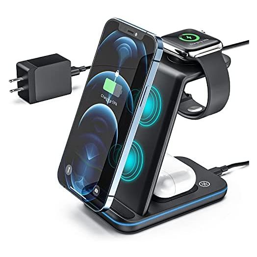 ZHIKE Wireless Charger, 3 in 1 Fast Charging Station for iWatch 7/6/SE/5/4/3/2, AirPods Pro, 15W Wireless Charging Stand Dock Compatible with iPhone 13/12/11 Pro Max/X/Xs Max/8/8 Plus/Samsung