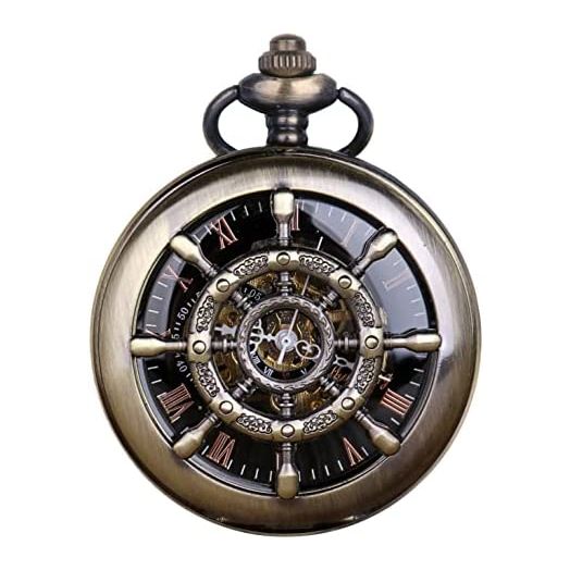 Pocket Watch Mechanical Skeleton Hand-Wind Roman Numerals Chain Mens