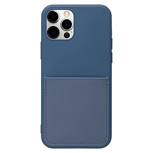 Navy Felt Lined Silicone Phone Case with Stitched Front Pocket for iPhone 12 & 12 Pro + Tempered Glass Screen Protector