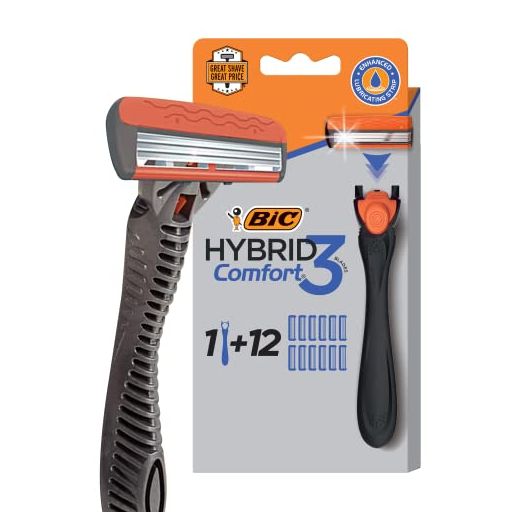 BIC Hybrid 3 Comfort Disposable Razors for Men, 1 Handle and 12 Cartridges With 3 Blades, 13 Piece Razor Kit for Men