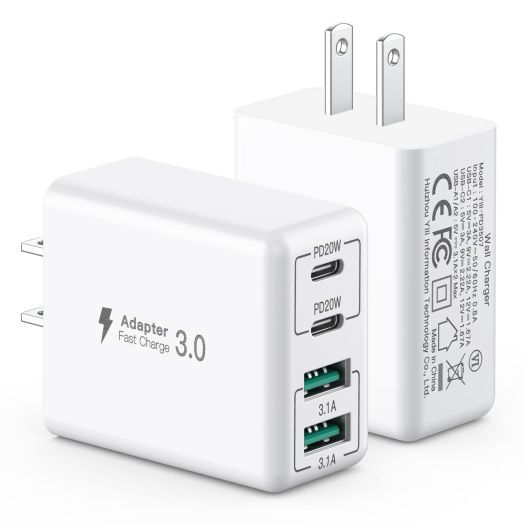 [2 Pack] USB C Wall Charger, 40W 4-Port USB C Charger Block,Fast Charging Block Dual Port PD+QC Wall Plug Multiport Type C Compatible with iPhone 14/13/12/11/Pro Max/XS/XR/8, Samsung Phone,Tablet