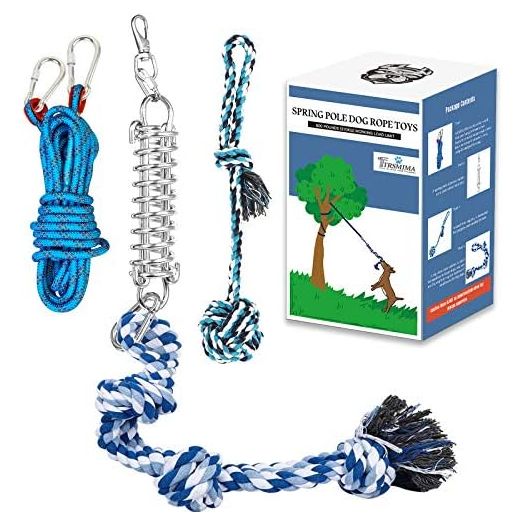 Spring Pole Dog Rope Toys: Dog Rope Pull & Tug of War Toy with a Big Spring Pole Kit & 2 Strong Dog Rope Toys & 16ft Rope - Muscle Builder Interactive Dog Toy for Pitbull Medium Large Dog Alaska