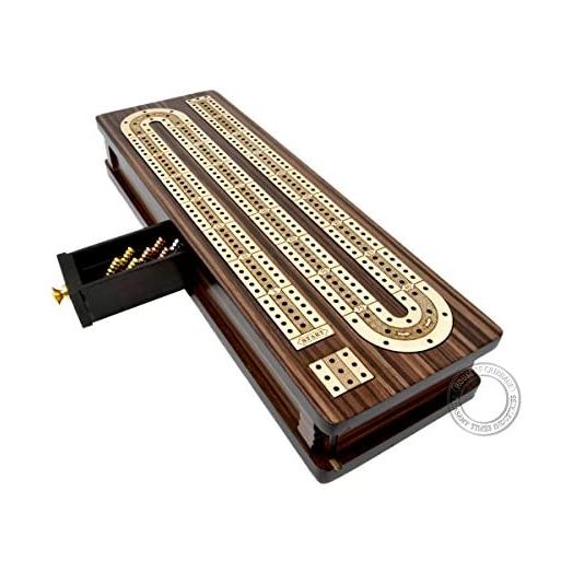 House of Cribbage, Continuous Cribbage Board / Box Inlaid in Rosewood / Maple 12", 3 Tracks, Sliding Lid Drawer
