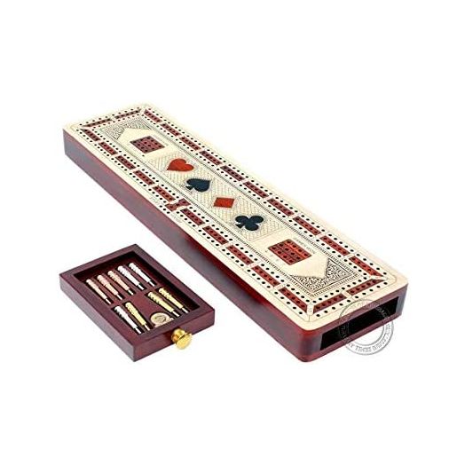 House of Cribbage, 3 Track Continuous Cribbage Board Inlaid in Maple Wood / Bloodwood, Size: 12.5 Inch