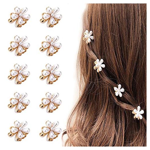 Mini Pearl Hair Barrettes for Women Girls, 10pcs Sweet Artificial Pearl Hair Clips, Flower Pins Clips for Party Wedding Daily