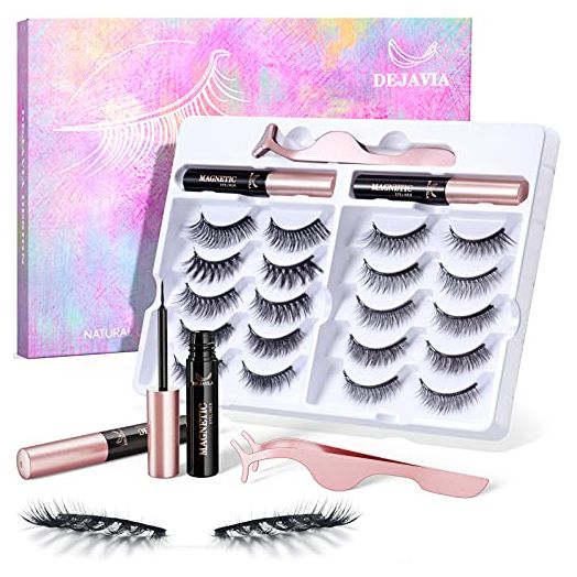 DEJAVIA Magnetic Lashes [10 Pairs], Premium Natural Looking Magnetic Eyelashes with Eyeliner Kit,Reusable Lightweight Wispy Strong Magnetic Eyelashes with Applicator and Tweezers, No Glue Needed