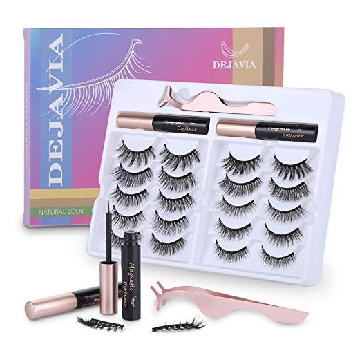 Magnetic Eyelashes with Eyeliner Kit- 10 Pairs Premium 3D Natural Look Reusable Eyelashes with Tweezers Applicator, Strong Magnetic Eyeliner and Lashes Set by DEJAVIA, No Glue Needed