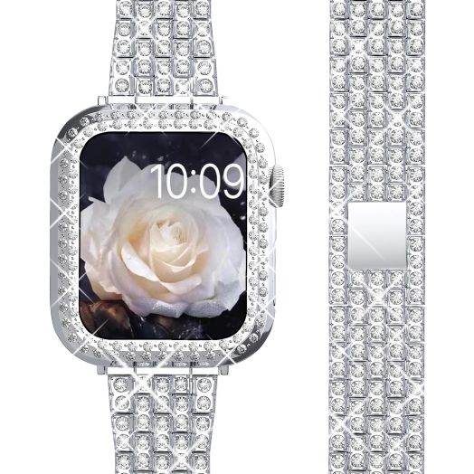 QVLANG Compatible for Apple Watch Band 40mm Series 6/5/4/SE, Diamond Rhinestone Case + Women Bling Band Stainless Steel Metal Bracelet for iWatch (Silver)