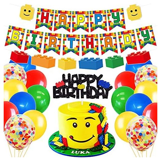 Building Blocks Themed Birthday Party Decorations Pack - Includes Glitter Cake Topper Banners and Balloons - Summer Colorful Themed Bday Party Pack Supplies