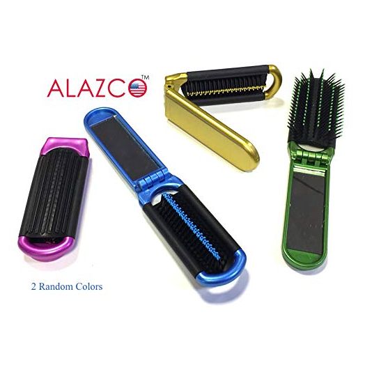 ALAZCO 2 Folding Hair Brush With Mirror Compact Pocket Size Travel Car Gym Bag Purse Locker