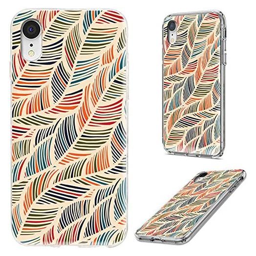 iPhone XR Case,VoMotec Shockproof Slim Flexible Soft TPU 360 Full Protective Clear Thin Phone Cover Cases with Art Design for iPhone XR 6.1 Inch 2018,Orange Black Blue Feather Decorative Pattern