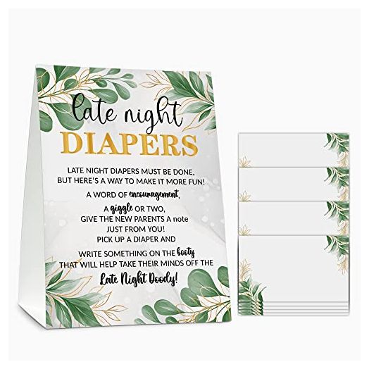 Late Night Diapers Sign, Greenery Note Cards Diaper Thoughts, Late Night Diaper Baby Shower Game Set(1 Standing Sign + 20 Blank Greeting Cards), Gold Foil Baby Shower Party Favor Decor - A06
