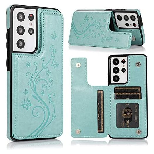 Phone Case for Samsung Galaxy S21 Ultra Glaxay S21ultra 5G with ID&Credit Card Holder Slots Wallet Back Cover Purse Stand Butterfly Flip Folio Cell Gaxaly 21S S 21 21ultra G5 Women Girls Green