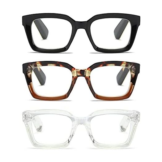 Oversize Square Design Reading Glasses for Women, Blue Light Blocking Reader (3 Pack)