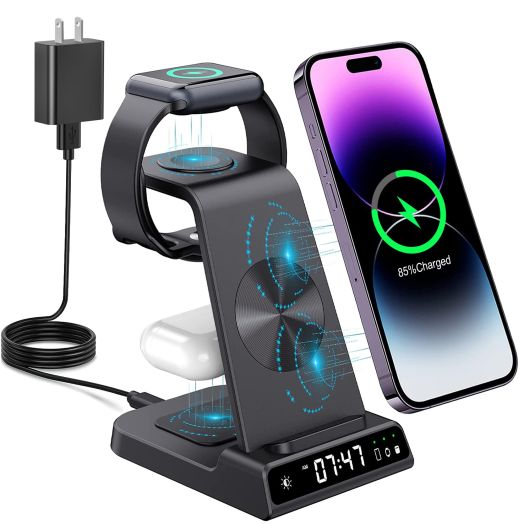 Wireless Charging Station, YiJYi 3 in 1 Watch Charger Stand with Digital Clock Suitable for iWatch SE/6/5/4/3/2/1,AirPods Pro, for iPhone 15/14/13/12/11 Pro Max/XS/XR/X/8/Samsung S23/S22/S21