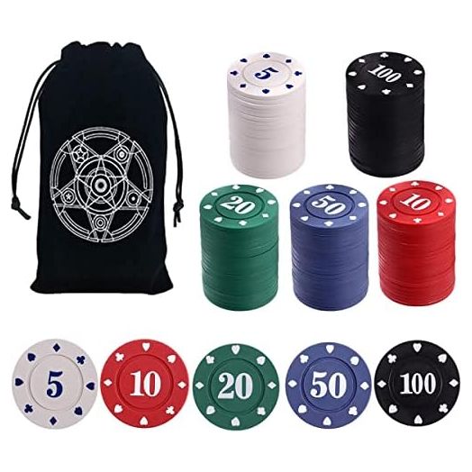 IXIGER Poker Chips,Denomination Poker Chips Set with Black Velvet Pouch Bag,Plastic Learning Counters Disks and Learning Math Counting Chips,Game Night Party Supplies(100pcs)