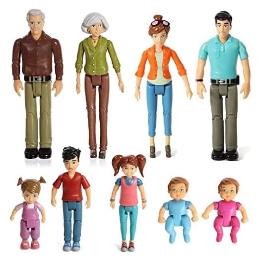 Sweet Li'l Family Dollhouse People Set of 9 Action Figure Set - Grandpa, Grandma, Mom, Dad, Sister, Brother, Toddler, Twin Boy & Girl