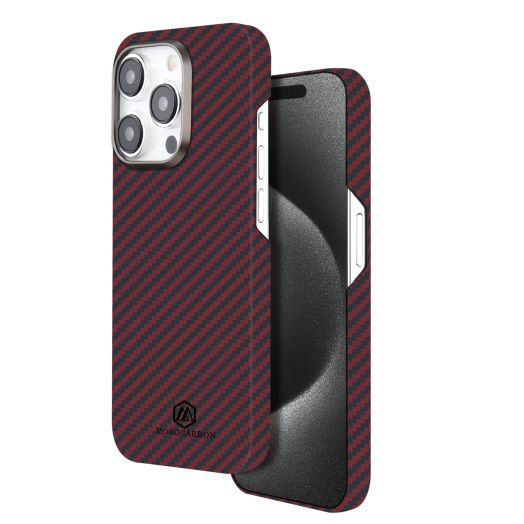 MONOCARBON Real Aramid Fiber Case for iPhone 15 Pro Max, Luxury 0.04" Ultra Thin&Light Slim Fit 6.7In Dropproof Cover,Compatible with MagSafe,with Aluminum Alloy Camera Protective Ring-Matte Red
