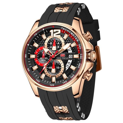 Mini Focus Men Watch Casual Fashion Wrist Watches (Chronograph/Waterproof/Luminous/Calendar) Silicon Band Quartz Watches for Men (Black-Golden)